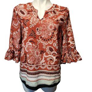 ❤️ 4/$20 Ann Taylor Factory boho top Woman's medium Earthy colors Ruffle sleeves
